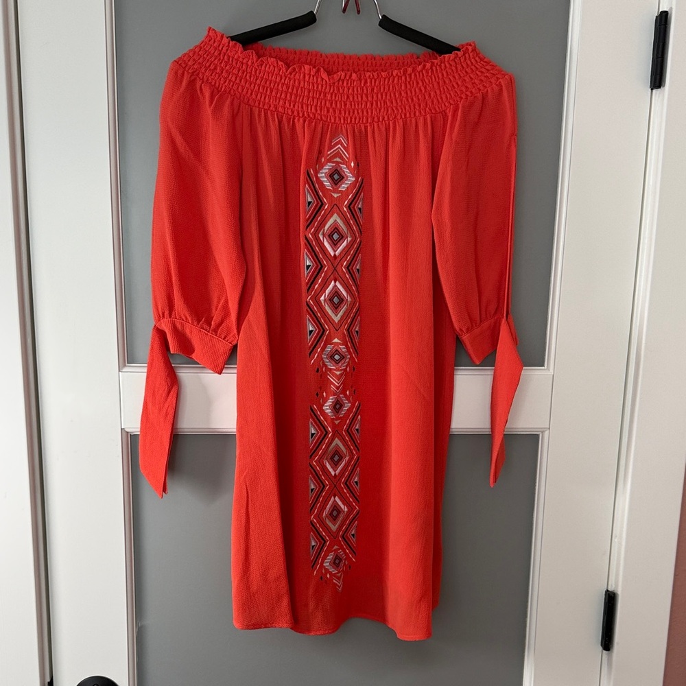 Coral Off-Shoulder Embroidered Tunic Dress